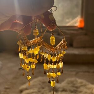 Yellow and Brown Beaded Chandelier Earrings